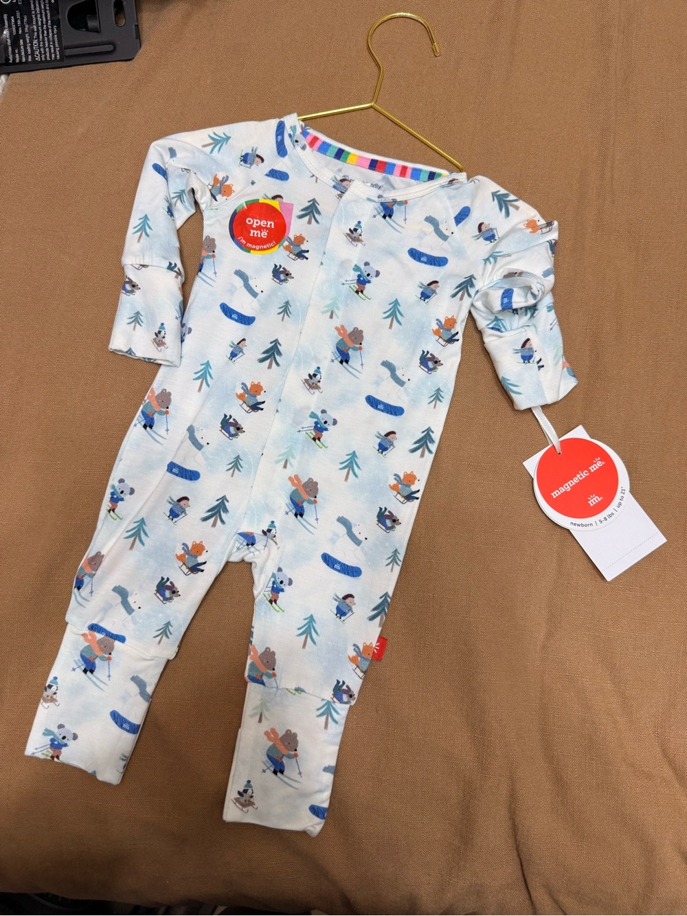 Magnetic Me White One-Piece Footie with Blue & Green Winter Animal Print